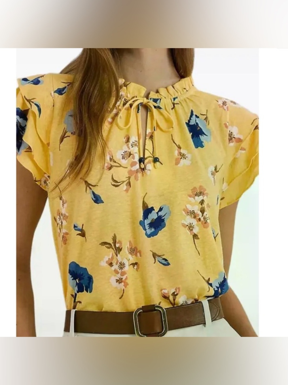 LAUREN RALPH LAUREN Floral Linen-Blend Jersey Tie-Neck Yellow Top Women’s 2X